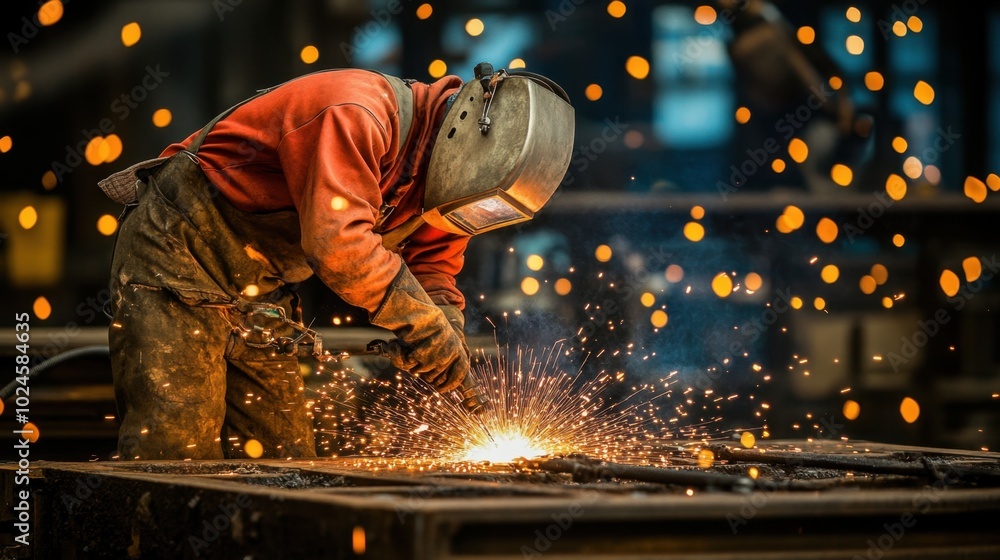 Welder at work, sparks flying as they operate an arc welder, highlighting the intensity and skill of the task Welder at work, sparks flying as they operate an arc welder, highlighting the intensity and skill of the task
