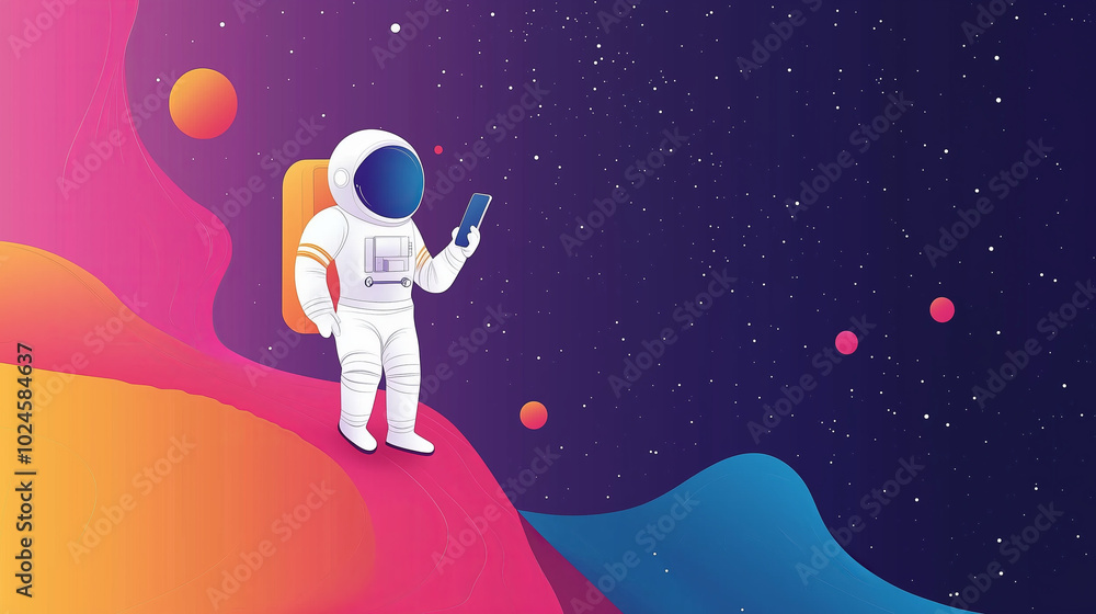 An astronaut in a white suit uses their phone while standing on a colorful planet against a starry backdrop. An astronaut in a white suit uses their phone while standing on a colorful planet against a starry backdrop.