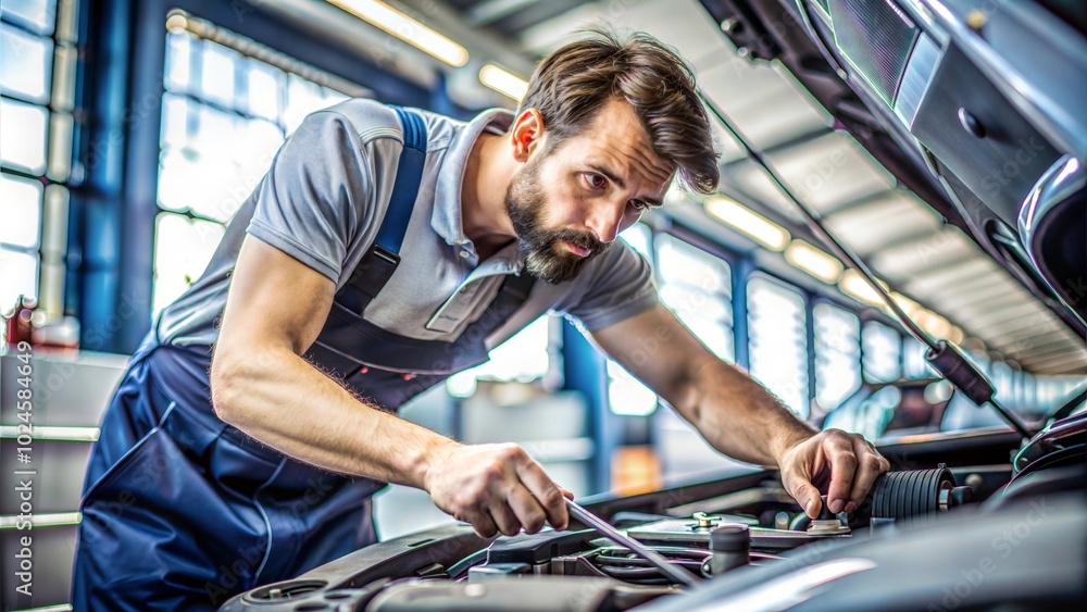 Man in Mechanic Overalls Working on a Car Engine Man in Mechanic Overalls Working on a Car Engine
