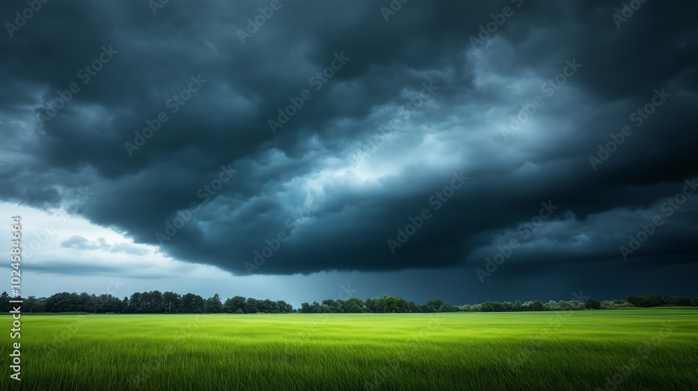 Dark ominous storm clouds over a field of green grass. Dark ominous storm clouds over a field of green grass.