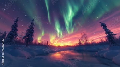 vibrant northern lights illuminating the night sky swirling in colors of green and purple creating a magical and mystical atmosphere in a remote setting