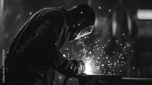 Welder at work, sparks flying as they operate an arc welder, highlighting the intensity and skill of the task