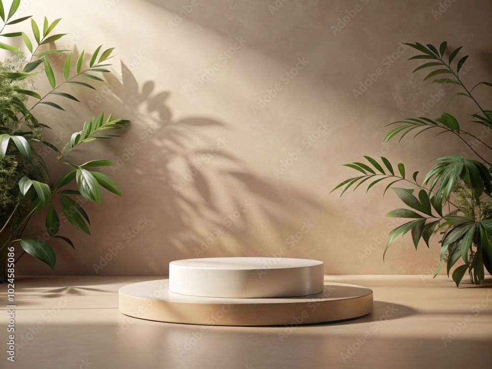 This refined minimalist display platform features soft, neutral foliage, elevating interior aesthetics and providing a stylish backdrop for showcasing decorative items beautifully. This refined minimalist display platform features soft, neutral foliage, elevating interior aesthetics and providing a stylish backdrop for showcasing decorative items beautifully.