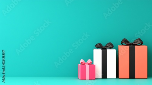 A colorful display of three gift boxes against a bright turquoise background, featuring different sizes and ribbon accents.