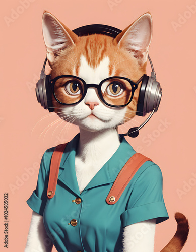 Stylish cat wearing glasses and headphones for trendy pet design concept