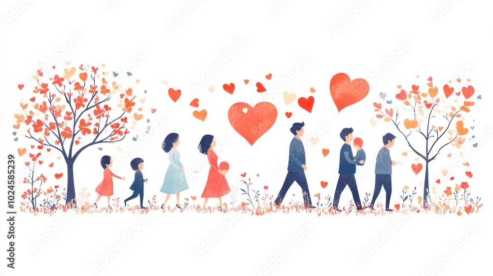 Family Walking through Heart Shaped Trees Family Walking through Heart Shaped Trees