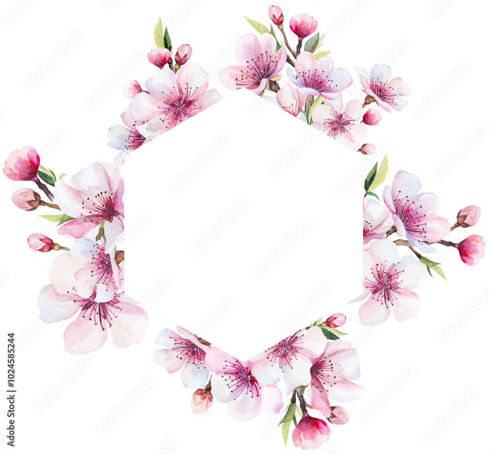 Frame with watercolor pink cherry flowers and green leaves, wedding sakura isolated illustration Frame with watercolor pink cherry flowers and green leaves, wedding sakura isolated illustration