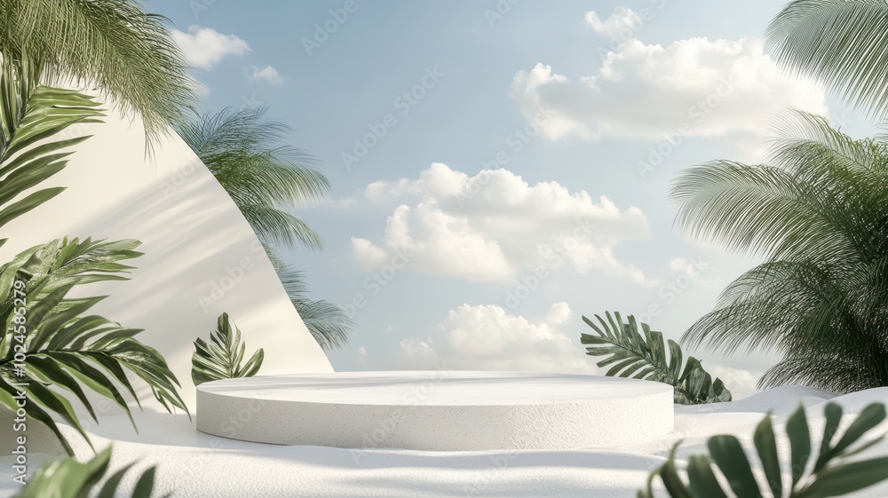 3d background product display podium scene with leaf geometric platform,cloud and sky, palm shadows and white stone podium,Mockup for eco beauty cosmetic advertising,Copy space. 3d background product display podium scene with leaf geometric platform,cloud and sky, palm shadows and white stone podium,Mockup for eco beauty cosmetic advertising,Copy space.
