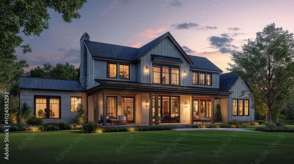 A charming, farmhouse-style two-story home with a modern twist. The house has a large porch A charming, farmhouse-style two-story home with a modern twist. The house has a large porch
