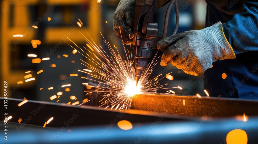 Worker using an arc welder, surrounded by bright sparks and metal, focused on precision and safety.