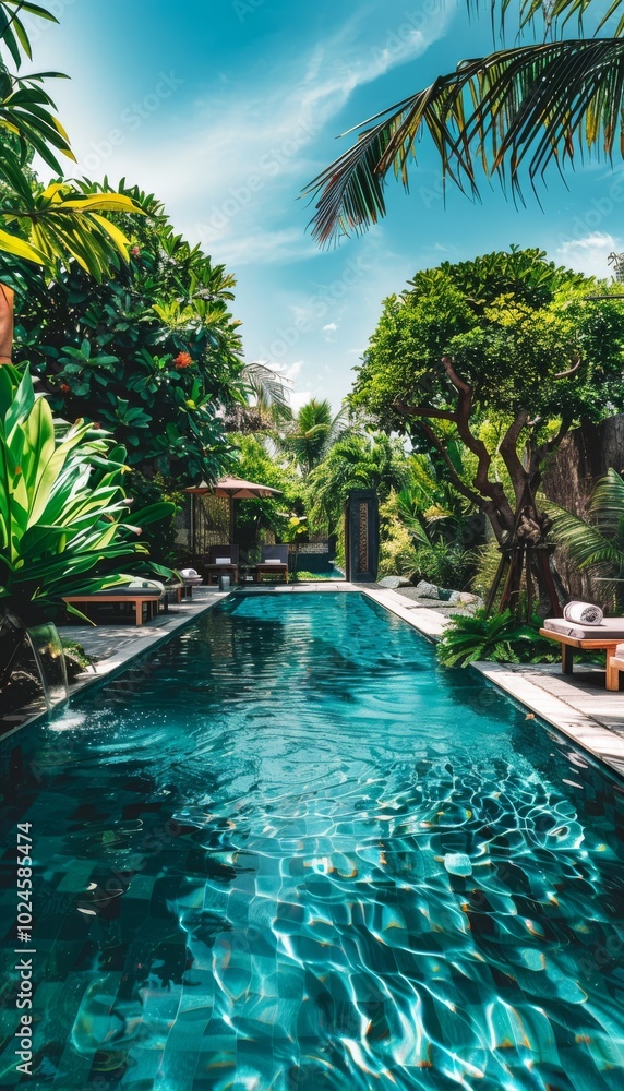 Villa pool with clear blue water, surrounded by lush tropical garden sun beds for relaxation. Villa pool with clear blue water, surrounded by lush tropical garden sun beds for relaxation.
