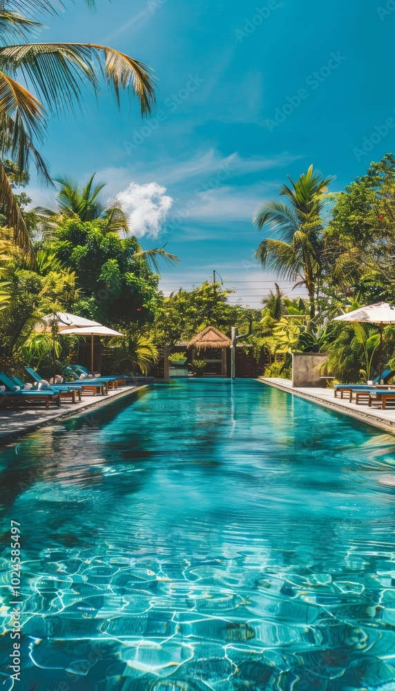 Fototapeta premium Villa pool with clear blue water, surrounded by lush tropical garden sun beds for relaxation.