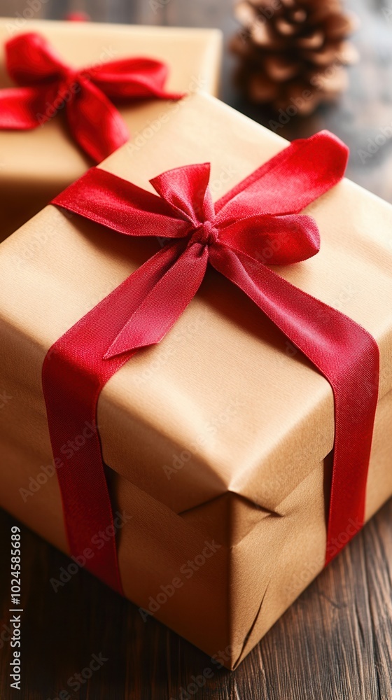 Obraz premium Beautifully wrapped gift box with a red ribbon, perfect for celebrations, holidays, or special occasions.