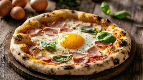 a pizza with eggs on top is showcased on a table, featuring a luxurious combination of dark red and yellow colors. the image captures the essence of hallyu and alla prima styles, with warmcore  photo