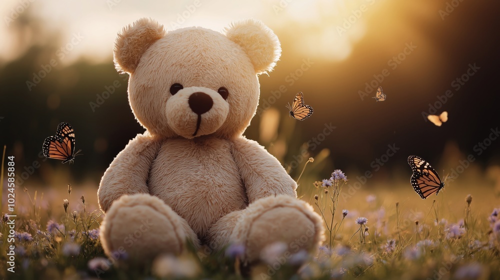 A soft teddy bear sitting in a wildflower-filled meadow with butterflies fluttering around, illuminated by the warm glow of the sunset, creating a peaceful and nostalgic atmosphere A soft teddy bear sitting in a wildflower-filled meadow with butterflies fluttering around, illuminated by the warm glow of the sunset, creating a peaceful and nostalgic atmosphere