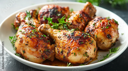 Roasted chicken drumsticks with fresh herbs on a white plate. Each piece has a golden-brown crust, garnished with greens that enhance the dish's aroma photo