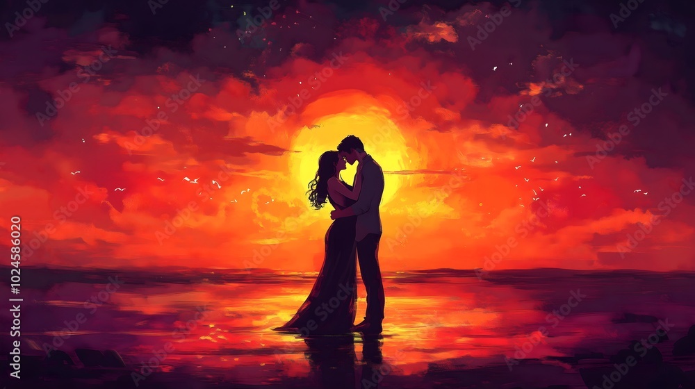 Couple Embracing During Sunset Over Ocean Couple Embracing During Sunset Over Ocean