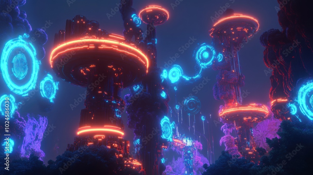Futuristic cityscape with glowing towers and ethereal structures Futuristic cityscape with glowing towers and ethereal structures