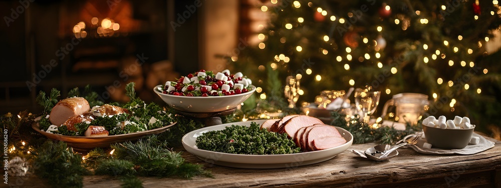 A festive Christmas dinner table with an array of traditional dishes A festive Christmas dinner table with an array of traditional dishes