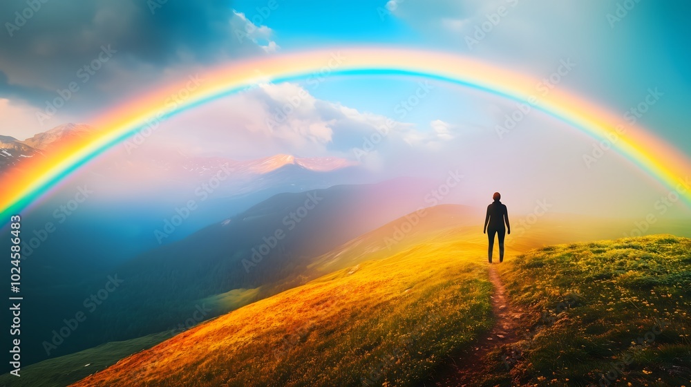 Person Standing Beneath a Bright Rainbow in Nature Person Standing Beneath a Bright Rainbow in Nature