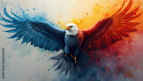 A bald eagle with outstretched wings is depicted against a colorful watercolor background. The wings are painted in blue and red, creating a dynamic and vibrant composition. 
