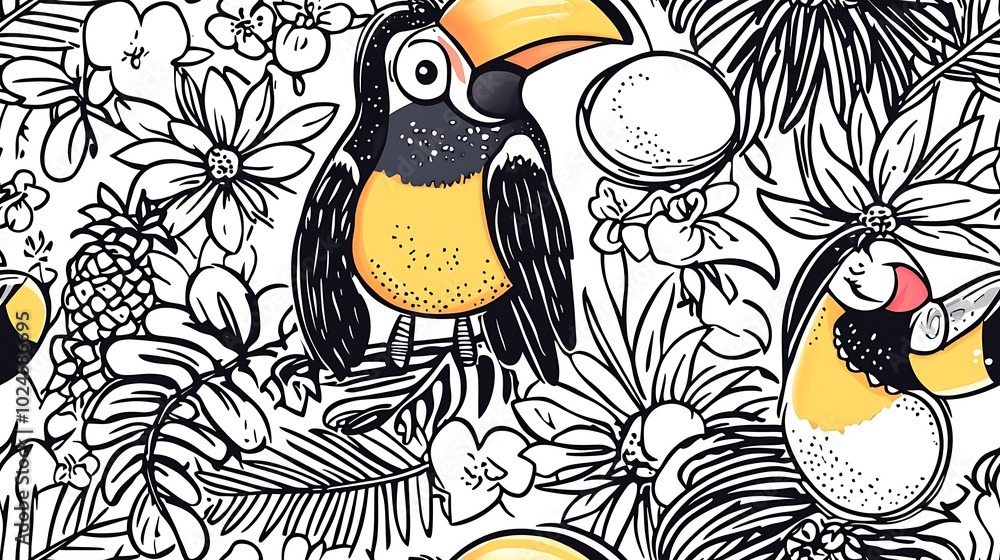 Naklejka premium An enchanting tropical paradise pattern, featuring a variety of tropical birds like parrots and toucans, pineapples, and coconuts interspersed with lush palm fronds and flowers.