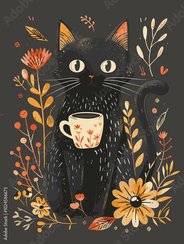 Cute black cat with a cup of coffee. Vector illustration.