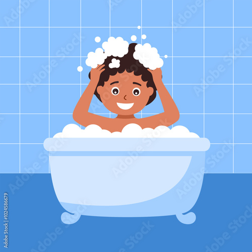 Cartoon african boy kid takes a bath. Happy child sits in bathtub with soap bubbles. Cute preschooler character in bathroom on white background.