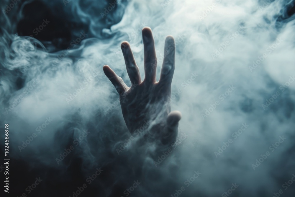 A close-up of a hand reaching out through thick, swirling smoke in a dark, moody setting A close-up of a hand reaching out through thick, swirling smoke in a dark, moody setting
