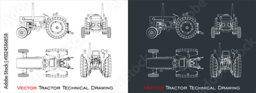 vector tractor from top, side, back and front view. technical line drawing blueprint on transparent background