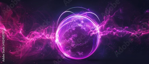 An abstract depiction of a neon energy sphere composed of particles and waves, glowing magically