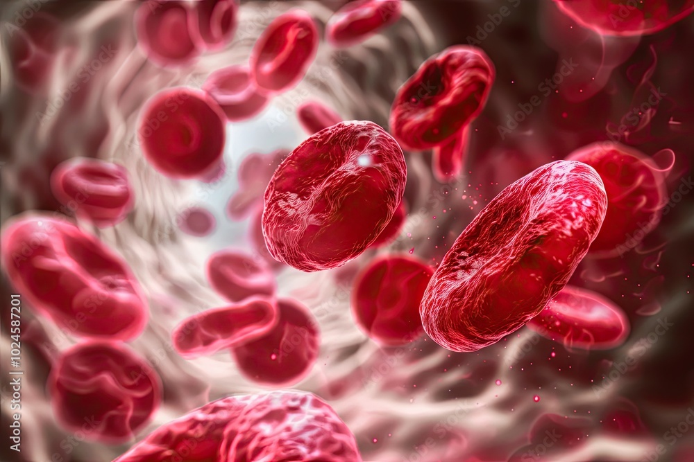 Fototapeta premium Close-up of red blood cells flowing through a narrow vessel, illuminated by soft light