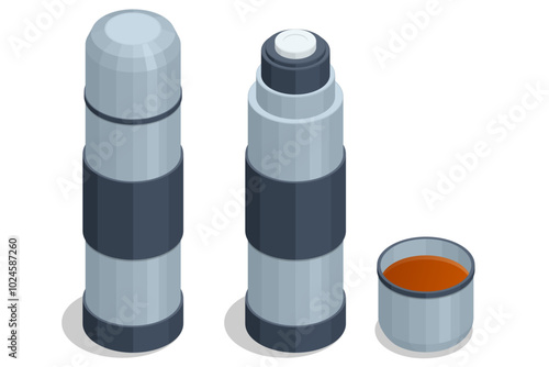 Isometric steel thermos, metal thermo bottle. Steel thermos with delicious hot tea