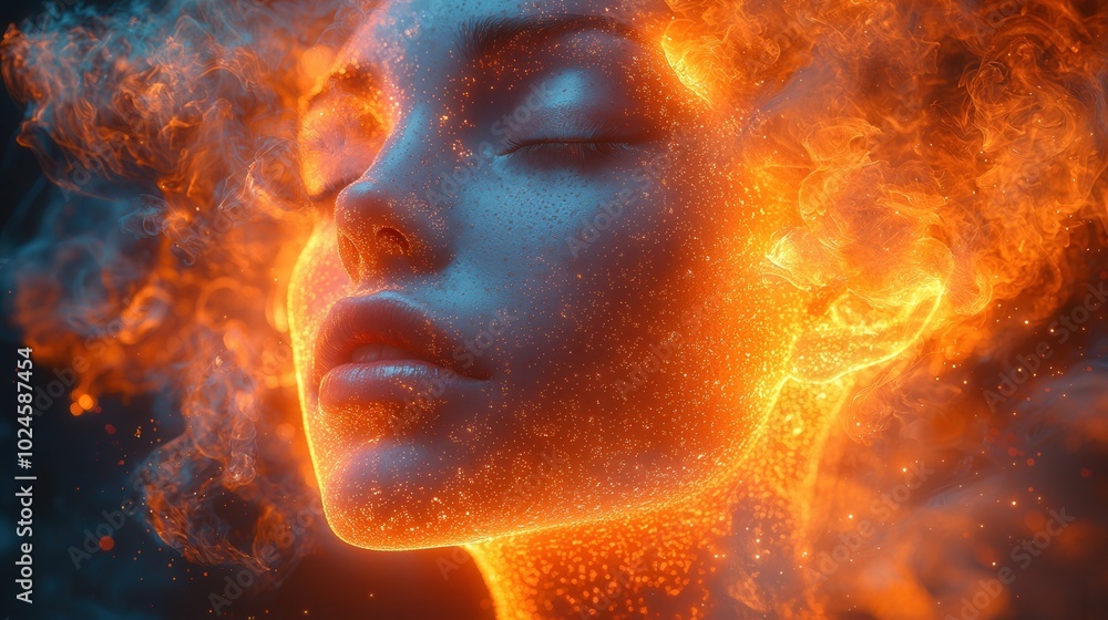 A captivating portrait of an ethereal beauty with a glowing visage surrounded by swirling orange and blue smoke, symbolizing diversity and creativity. A captivating portrait of an ethereal beauty with a glowing visage surrounded by swirling orange and blue smoke, symbolizing diversity and creativity.