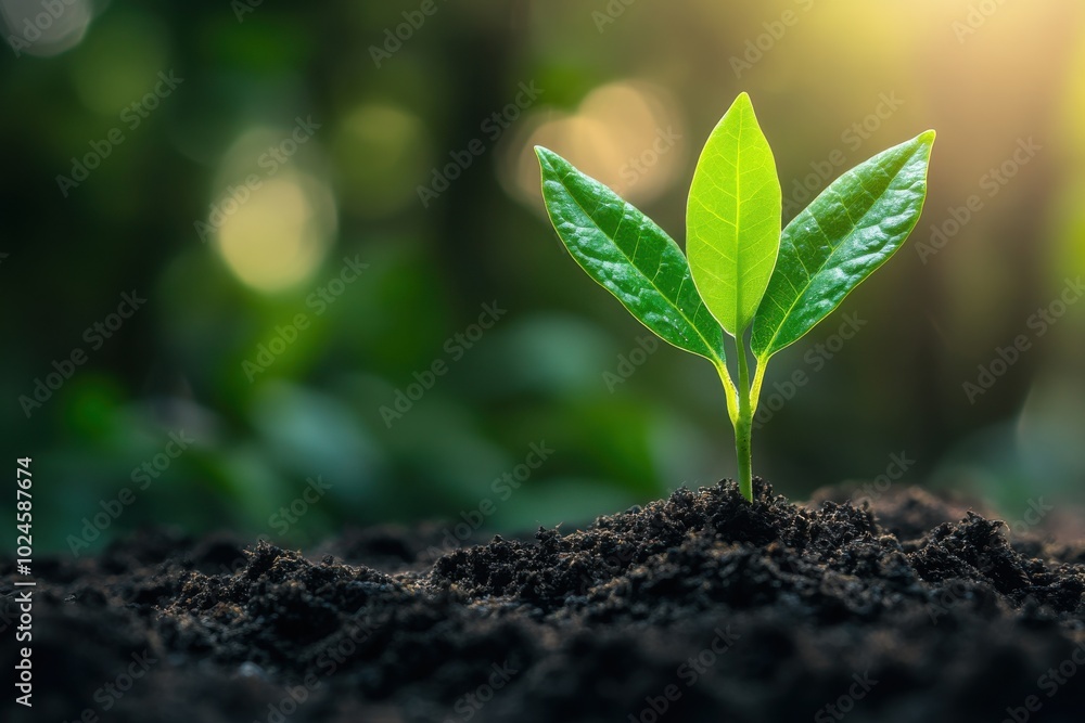 A close-up of a vibrant green seedling emerging from rich, dark soil. The background features A close-up of a vibrant green seedling emerging from rich, dark soil. The background features