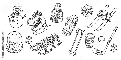 Doodle hand drawn set of winter outdoor activities and accessories. Snowman, skis, sledge and skates isolated on white background. Cute items for winter season for coloring pages, stickers