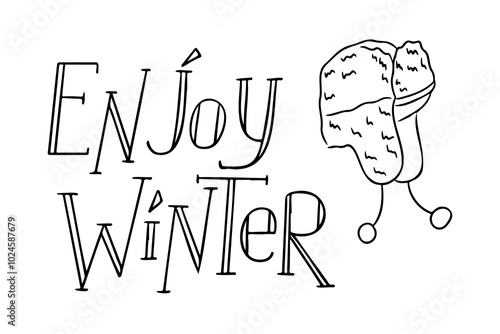 Black hand drawn lettering for winter greeting cards with text Enjoy Winter. Template for Christmas banner, postcard. Black vector lettering with doodle winter hat isolated on white background