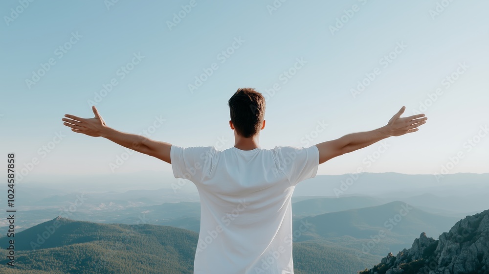 A person stands with arms wide open on a mountain peak, enjoying the breathtaking views of the valley below during a clear day A person stands with arms wide open on a mountain peak, enjoying the breathtaking views of the valley below during a clear day