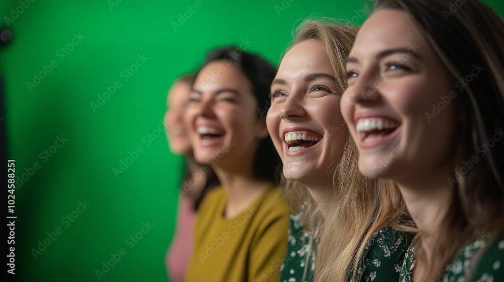 A group of women laughing joyfully against a green background. All appear happy, with their faces illuminated by warm light, emphasizing a positive atmosphere A group of women laughing joyfully against a green background. All appear happy, with their faces illuminated by warm light, emphasizing a positive atmosphere