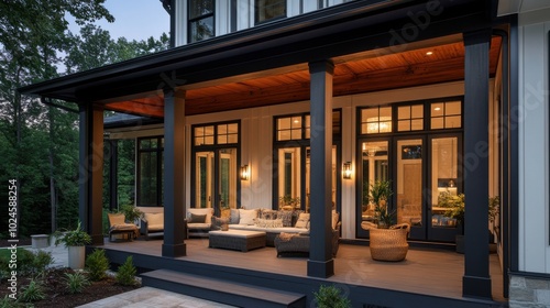 Wallpaper Mural A close-up view of a farmhouse porch, with dark wooden beams and columns supporting the roof Torontodigital.ca