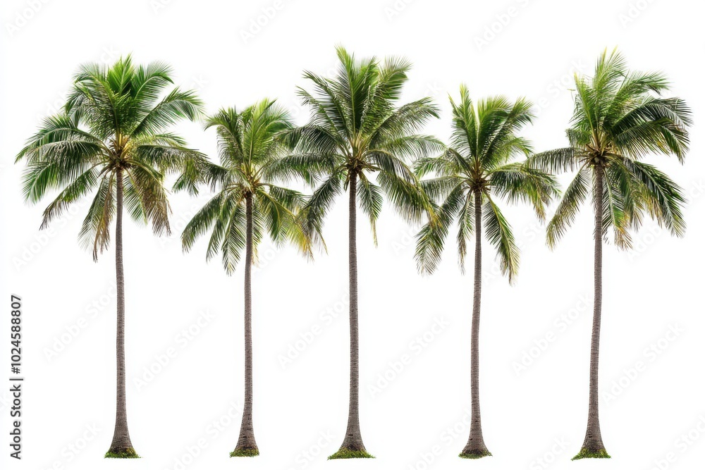 Obraz premium A cluster of six tall palm trees with lush green fronds at different angles, swaying slightly