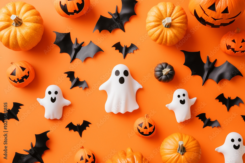 A flat lay of small pumpkins, black bats, and white ghosts on an orange background,pattern concept. Isolated on a pastel background. A flat lay of small pumpkins, black bats, and white ghosts on an orange background,pattern concept. Isolated on a pastel background.