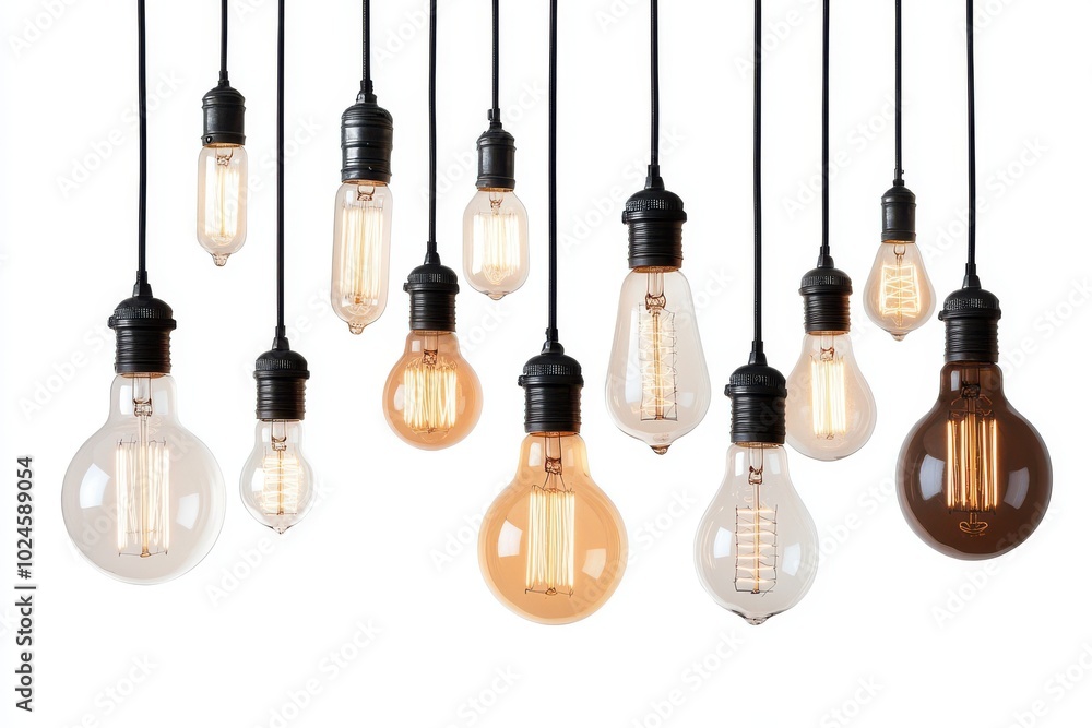 A collection of exposed lightbulbs, each with a different vintage shape and filament style A collection of exposed lightbulbs, each with a different vintage shape and filament style