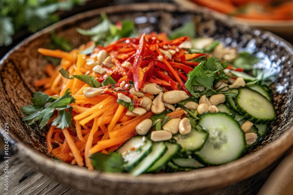 A colorful and fresh salad is arranged in a rustic bowl. The salad includes shredded carrots A colorful and fresh salad is arranged in a rustic bowl. The salad includes shredded carrots
