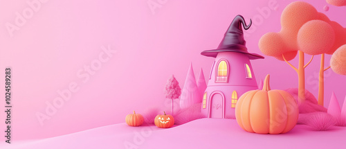a cute Halloween theme rendered in 3D.witch hat, pumpkin house and trees against an  pastel pink background. copy space area for product presentation in web design or e-commerce banner templates.