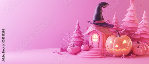 a cute Halloween theme rendered in 3D.witch hat, pumpkin house and trees against an  pastel pink background. copy space area for product presentation in web design or e-commerce banner templates.