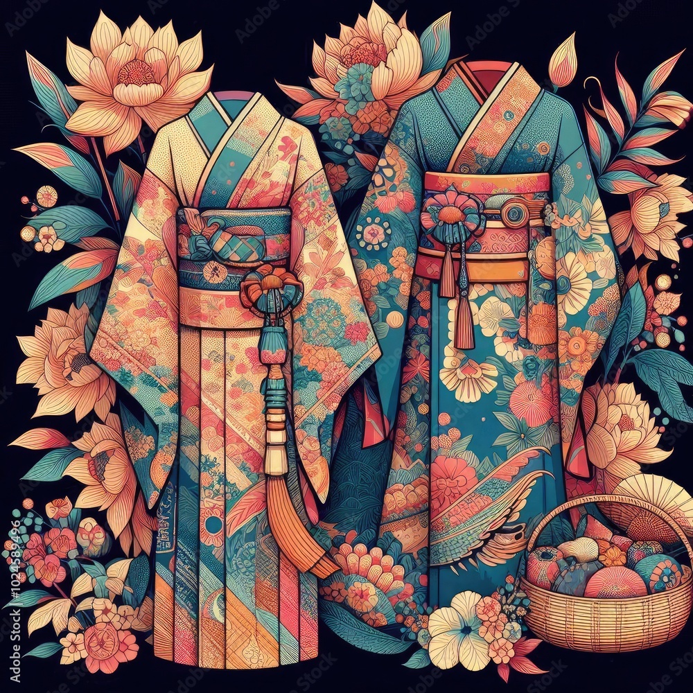Naklejka premium Japan: Kimono: Made from silk or cotton, it's known for its intricate patterns and vibrant colors.. illustration.