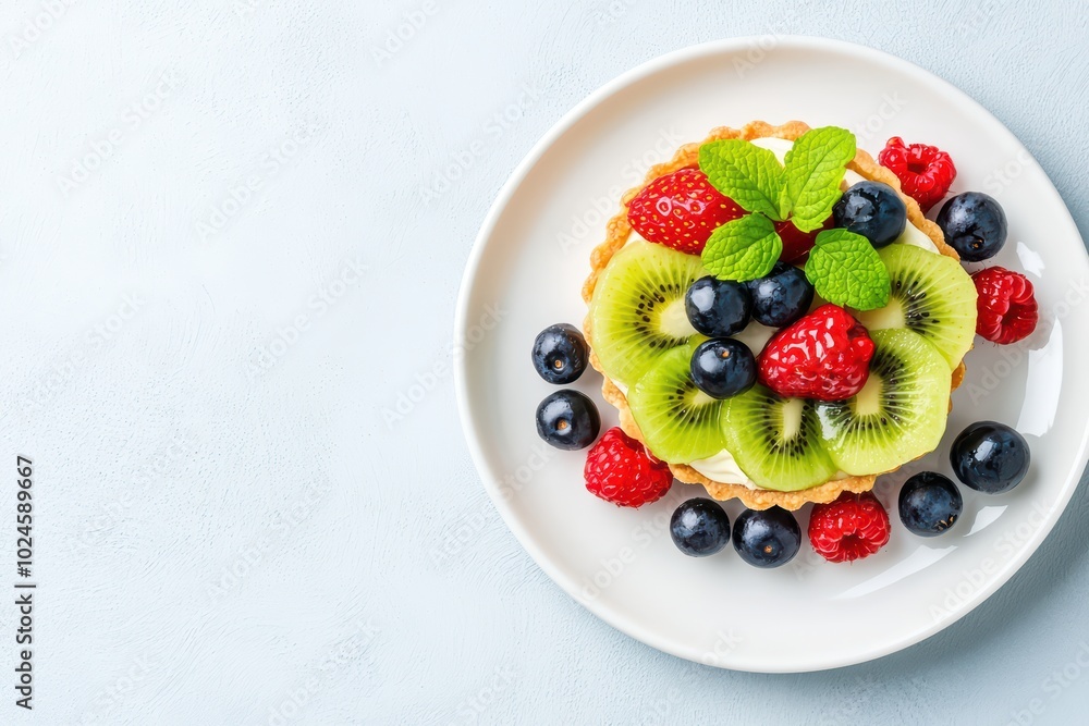 Delicious fruit tart topped with kiwi, raspberries, and blueberries, presented on a white plate against a light blue background. Delicious fruit tart topped with kiwi, raspberries, and blueberries, presented on a white plate against a light blue background.