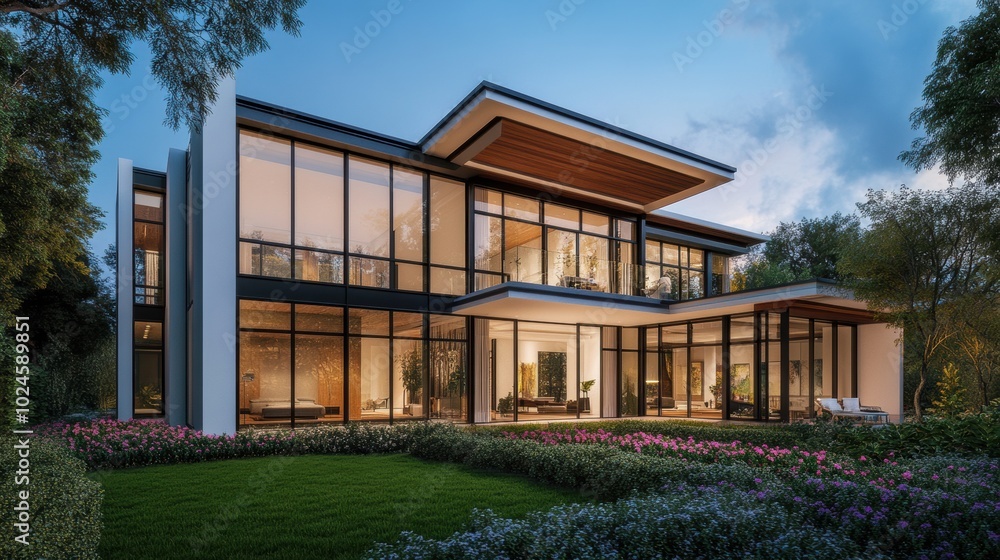 A contemporary two-story house with a bold design, combining large glass windows A contemporary two-story house with a bold design, combining large glass windows