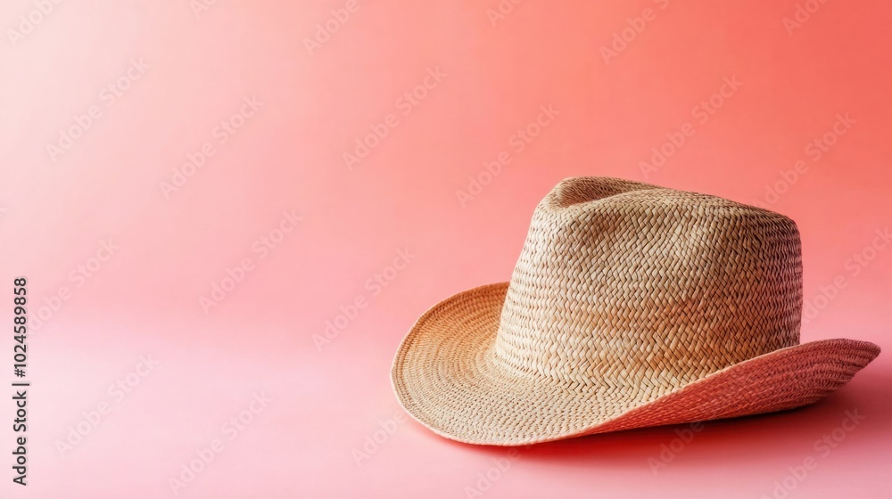 Stylish straw hat, woven texture, isolated on a pastel coral background, minimal and elegant. Stylish straw hat, woven texture, isolated on a pastel coral background, minimal and elegant.